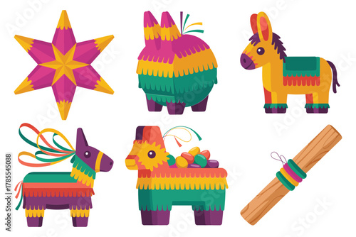 Detailed flat vector icons for festive party, showing pi�ata, stick, star, ribbon, and various decorative celebration elements,