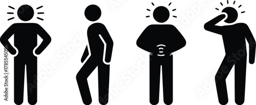 Black Pictogram Figures Illustrating Symptoms of Illness, Headaches, Upset Stomach, and Discomfort on White Background