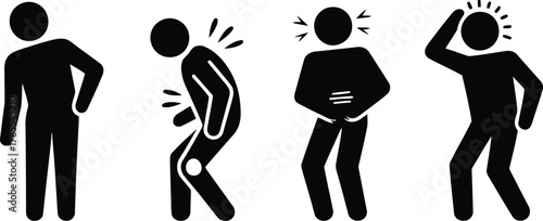 Black Pictogram Figures Showing Symptoms of Illness Back Pain, Knee Pain, Stomach Ache, Headache