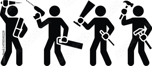 Black Pictogram Figures Using Tools Drill, Hand Saw, Hammer, Carpentry and Construction Icons