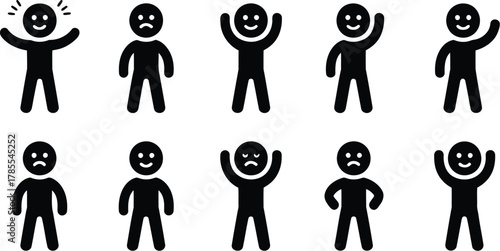 Black Silhouette Figures Displaying Various Emotions, Including Happiness, Sadness, and Neutral Expressions on White Background