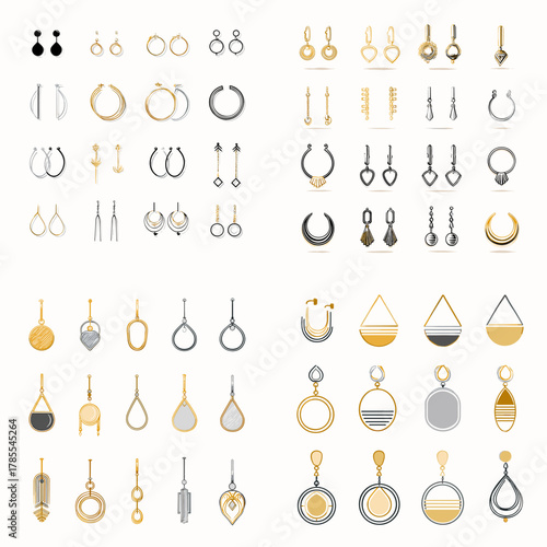Elegant earrings collection featuring gold and silver designs in modern minimalist shapes. Perfect for fashion branding, jewelry catalogs, boutique displays, and accessory illustrations.
