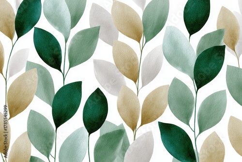 A beautiful pattern featuring various leaves in soft green, beige, and white colors. Ideal for backgrounds, textiles, and nature-themed designs.