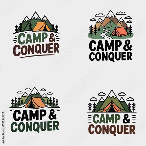Four camping and nature logos with tents and mountains conquer