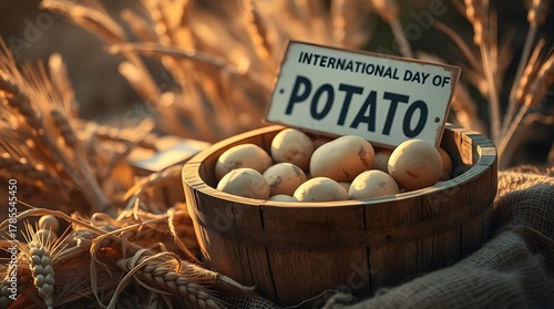 A rustic wicker basket filled with freshly harvested potatoes on rich soil at sunset, celebrating the International Day of Potato and honoring global farming, food security, and tradition.