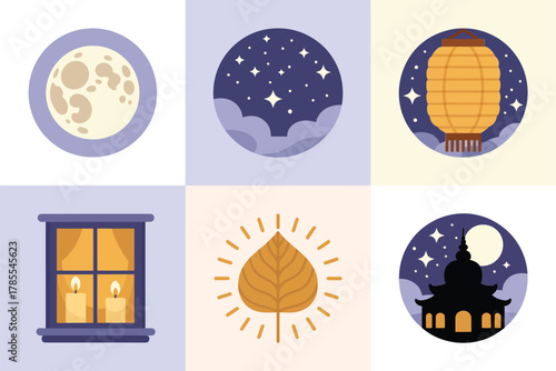 Flat vector icons for nocturnal scenery, featuring different moon phases, leaves, temple, windows, and stars in the sky,