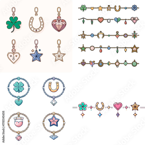 Cute charm and bracelet illustration set featuring clovers, hearts, stars, horseshoes, and gemstones in pastel colors. Perfect for jewelry themes, accessories, crafts, and feminine designs.
