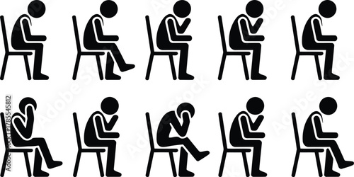 Depressed, Stressed and Anxious People Silhouettes Sitting on Chairs Expressing Sadness and Isolation Feelings Icon Set