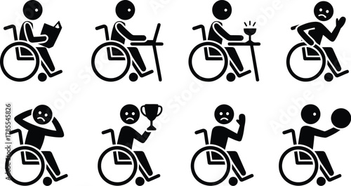 Disabled Individuals in Wheelchairs Pictograms Showing Reading, Working, Eating, Basketball, and Emotional Expressions