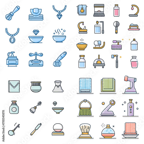 Colorful beauty and personal care icon set featuring cosmetics, skincare tools, grooming items, towels, brushes, and fragrance bottles. Ideal for spa branding, beauty blogs, and product design.