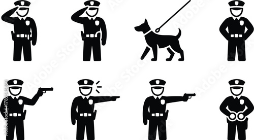 Diverse Police Officer Icon Set Saluting, Pointing, Holding Guns, Handcuffs, and K9 Unit Black