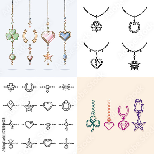 Beautiful charm and pendant icon set featuring hearts, stars, clovers, and horseshoes in delicate pastel and line art style. Ideal for jewelry branding, accessories, crafts, and fashion themes.