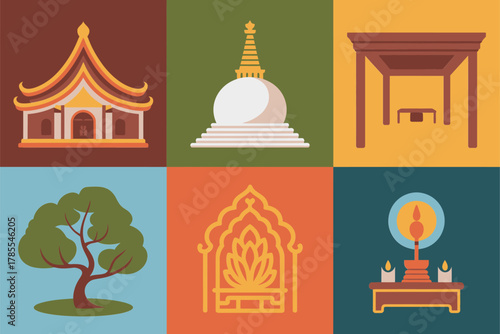 Outline color icons for Asian religion, illustrating pagoda, temple, shrine, stupa, Bodhi tree, and sitting Buddha statue,