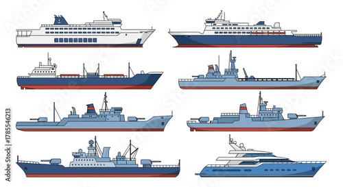Collection of various types of ships and vessels, including ferries, cargo ships, and yachts.