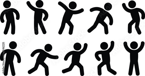Group of Black Stick Figures in Various Dynamic Poses on White Background Illustration