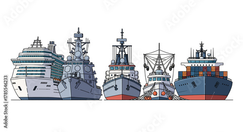 Illustration of a cruise ship, warship, fishing boat, and cargo ship.