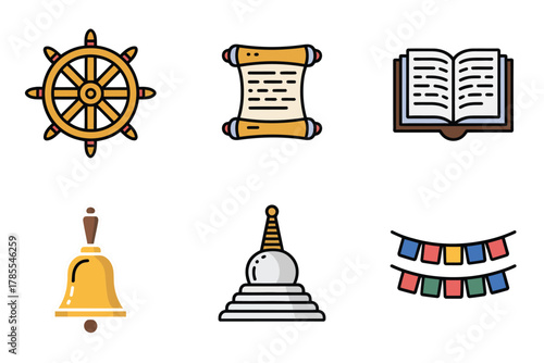 Outline color icons for Buddhist symbols, featuring Dharma wheel, scroll, open book, bell, stupa, and prayer flags,