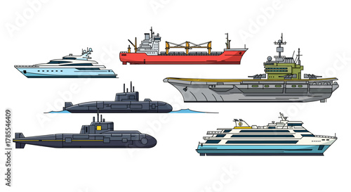 A diverse collection of maritime vessels, including a luxury yacht, cargo ship, aircraft carrier, two submarines, and a passenger cruise liner.