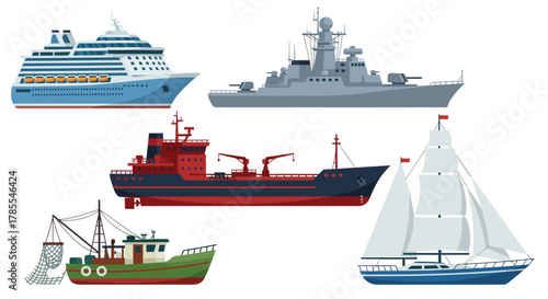 Collection of various types of ships and boats including cruise, warship, cargo, fishing, and sailboat.