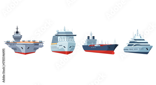 Four different types of ships, including an aircraft carrier, cruise ship, tanker, and yacht.