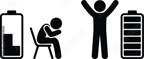 Low Energy and High Energy Depressed Person and Energetic Person with Batteries Showing Energy Levels