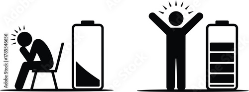 Low Energy Stick Figure Depressed Next to Empty Battery vs. High Energy Happy Full Battery