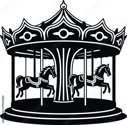 Monochrome Carousel with Horses Silhouette on White Background, Fairground Ride Illustration, Fair Attraction