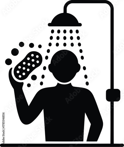 Person Showering with a Sponge Black and White Icon Depicting Hygiene and SelfCare Routine