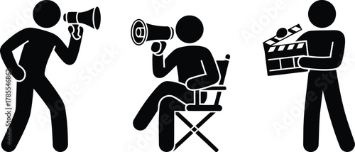 Movie Production Stick Figures Director with Megaphone and Crew Member with Clapboard Illustration