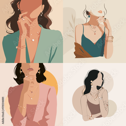 Elegant faceless woman portraits featuring stylish outfits and jewelry in soft modern colors. Perfect for fashion branding, beauty themes, lifestyle posts, and minimalist design.