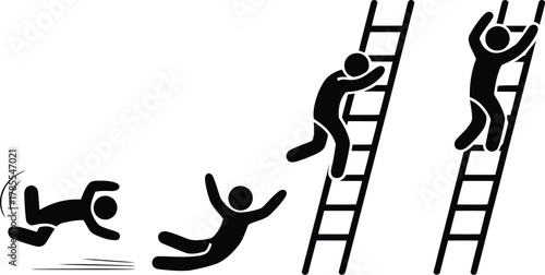 Pictogram Illustration Ladder Ascent, Failure, and Success Concept. Stick Figures Climbing and Falling