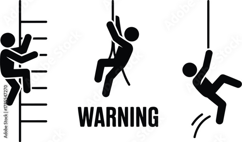 Pictogram Warning Sign Climbing Ladder, Rope, Falling Hazard Illustration in Black and White