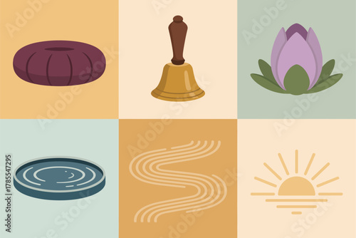 Outline color icons for peaceful reflection, illustrating meditation cushion, bell, lotus, water reflection, and tranquil sunrise scenery,