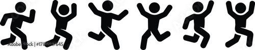 Running Stick Figures with Raised Arms Cheerful Black Silhouette on White Background