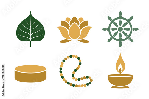 Flat vector icons for Buddhist practice, featuring Bodhi leaf, lotus, Dharma wheel, mala beads, and oil lamp,