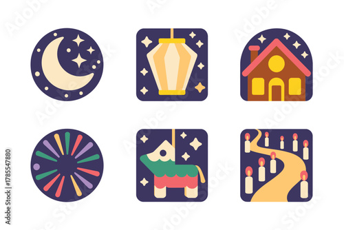 Flat vector icons for Mexican fiesta night, showing crescent moon, festive house, pinata, and celebratory firecrackers,