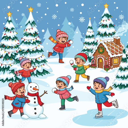 Joyful Winter Fun Children Enjoying Snowball Fight, Building a Snowman, and Playing Near a Gingerbread House in Snowy Forest