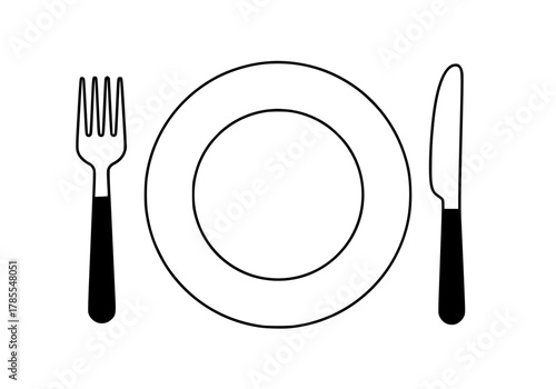 A clean, simple vector outline illustration of a standard table setting setup, Ideal graphic for menu design, UI/UX, restaurant branding concepts