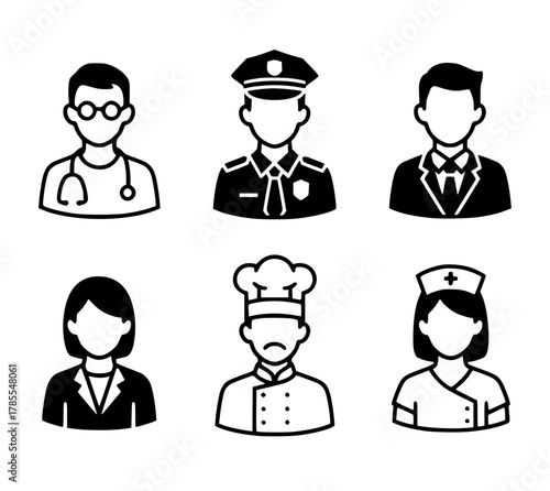 A set of six minimalist black and white line and solid icons representing essential service professions, doctor, police officer, manager, chef, businesswoman, and nurse avatars vector illustration SVG