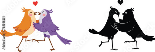 Cute cartoon love birds kissing, romantic bird couple illustration, adorable orange and purple birds in love with heart symbol design