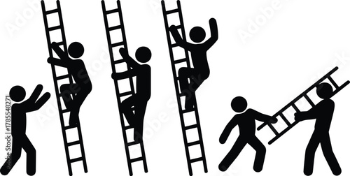 Silhouette People Climbing Ladders A Metaphor for Success, Teamwork, and Reaching Goals Together