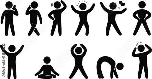 Silhouette People Icons Depicting Emotions, Actions, Poses, Exercise, and Meditation on White Background