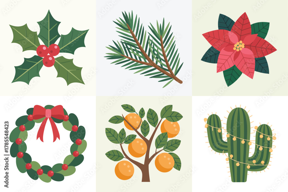 Obraz premium Outline color icons for winter and holidays, illustrating poinsettia, holly, wreath, cactus, and citrus fruit decorations,