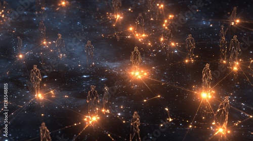 A mesmerizing digital landscape showcasing glowing figures in a cosmic network of stars and connections.