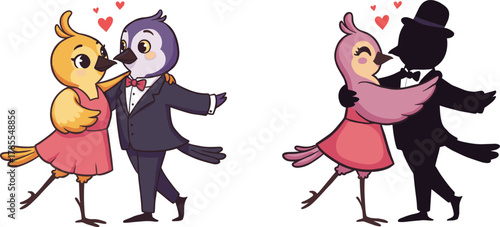 Cute cartoon birds dancing in love, romantic animal couple illustration, adorable bird characters in red dress and tuxedo with hearts
