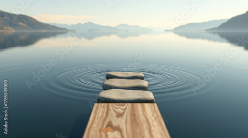 Serene View of Stepping Stones and Wooden Plank Leading Across Calm Lake Water with Gentle Ripples, Symbolizing Balance, Progress, Meditation, and Tranquil Challenge