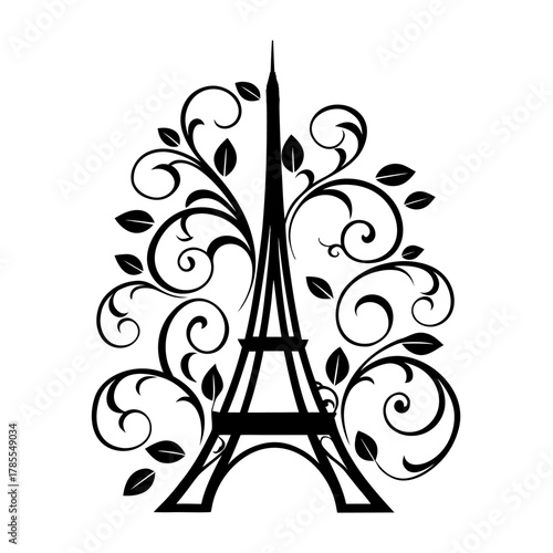 Elegant line icon of the Eiffel Tower adorned with soft vine leaves and flowing curls — a refined Parisian symbol intertwined with nature.