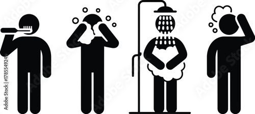 Stick Figure Hygiene Brushing Teeth, Washing Face, Showering, and Hair Washing Illustration