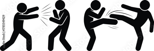 Stick Figure Martial Arts Punch, Block, Kick Combat Sequence Illustration on White