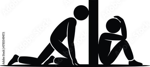 Stick Figure Offering Support to Another in Distress Against Post Symbol